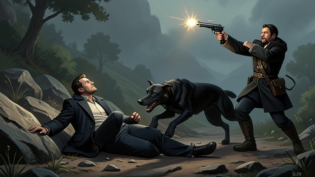 The Hound’s Attack from "The Hound of the Baskervilles". The Hound’s Attack The exposed walk Sir Henry leaves Merripit House alone along the route Holmes selected for the trap.