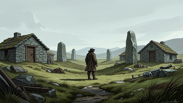 Stone Huts in the Hills from "The Hound of the Baskervilles". Stone Huts in the Hills Old dwellings remain Watson sees prehistoric huts, graves, and monoliths scattered across the moor.