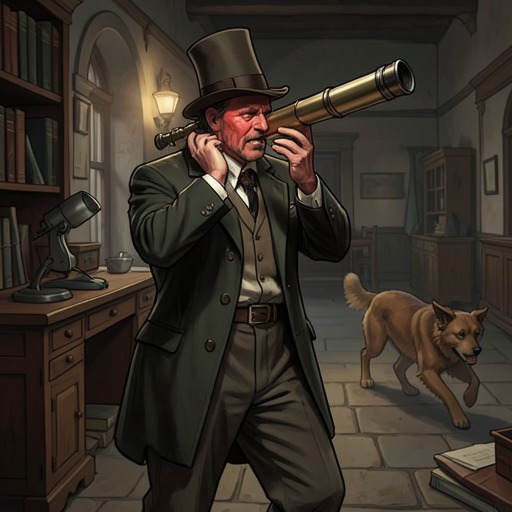 Frankland’s Telescope from "The Hound of the Baskervilles". This subplot follows Frankland’s legal obsessions and accidental surveillance as his telescope helps Watson locate Holmes’s hidden refuge.