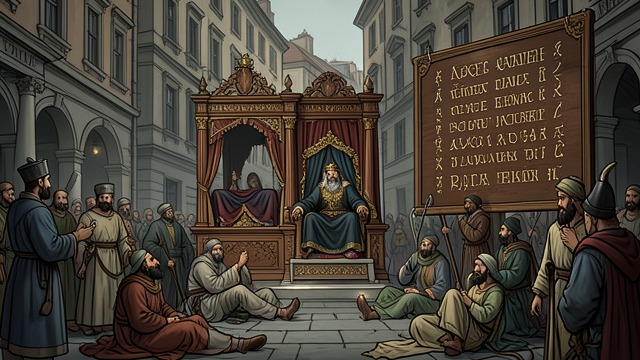 A City in Alarm from "Book of Esther". Shushan Responds to the Decree Royal Calm and Public Shock Ahasuerus and Haman sit down to drink after the decree is issued, while Shushan is perplexed.