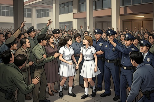 Heathcroft 首日抗议 from "Noughts & Crosses". The Heathcroft first-day protest is the violent public welcome given to Callum and three other Nought students at Heathcroft High.