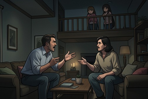 Kamal 与 Jasmine 宣告婚姻破裂 from "Noughts & Crosses". Kamal Hadley and Jasmine Hadley’s marital rupture becomes explicit in an argument their daughters overhear from the stairs.