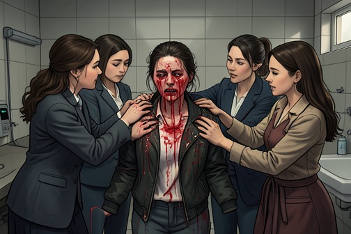 Sephy 因与 nought 学生交往而遭殴打 from "Noughts & Crosses". Sephy’s assault by Lola, Joanne, and Dionne is the violent consequence of her choosing to sit with Nought students at Heathcroft.