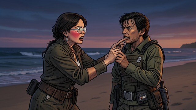 The Beach Confrontation from "Noughts & Crosses". The Beach Confrontation A friend sees the pattern Persephone approaches Callum laughing and intoxicated.