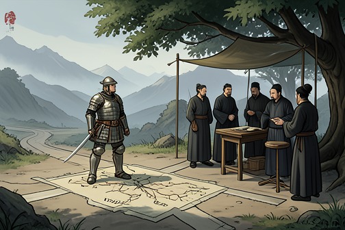 Xuande Conquers Yi Province from "The Romance of the Three Kingdoms". Zhang Song persuades Xuande that Liu Zhang is too weak to govern Yizhou and provides maps of the region.