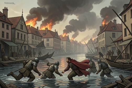 The Burning of Xinye from "The Romance of the Three Kingdoms". Kong Ming arranges a series of coordinated attacks as Cao Cao’s forces approach Xinye.