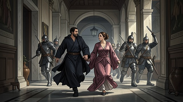 Flight from Wu from "The Romance of the Three Kingdoms". A Secret Departure Leaving the Court Xuande pretends he wishes to honor his ancestors, while Lady Sun understands the true reason and chooses to accompany him.