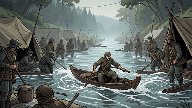 Flood and Capture from "The Romance of the Three Kingdoms". The River Changes the Battle The Seven Armies Drown Guan Yu releases floodwaters into Yu Jin’s low-lying camp.