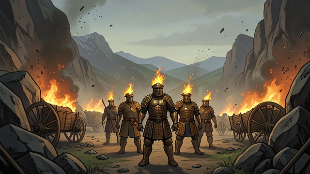 The Valley Ignites from "The Romance of the Three Kingdoms". Protection Becomes a Death Trap Exits Blocked Burning wagons and falling rocks close both ends of the valley.