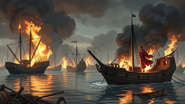 Fire at Red Cliffs from "The Romance of the Three Kingdoms". The Northern Fleet Burns Wind and Timing Kong Ming’s prayer for an eastern wind supplies the condition Zhou Yu needs to launch the fire attack.