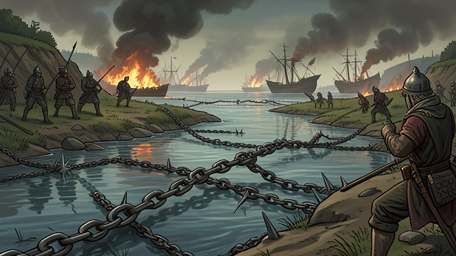 Chains and Spikes from "The Romance of the Three Kingdoms". A Final Barrier Cen Hun’s Engineering Sun Hao’s court stretches iron chains and places spikes across the river to stop the Jin fleet.