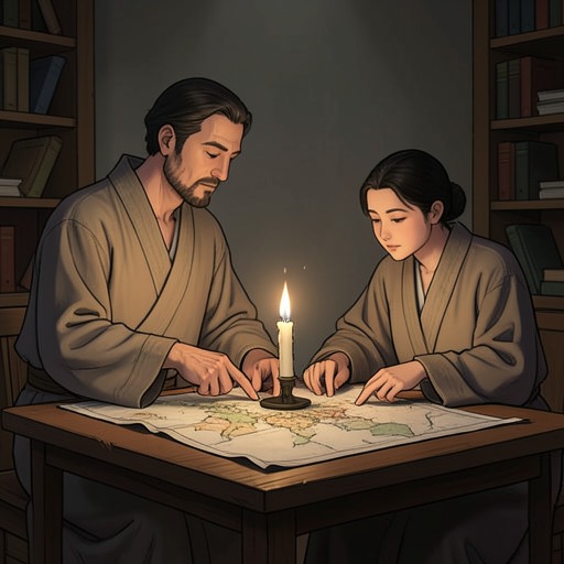 Xuande and Kong Ming's Partnership from "The Romance of the Three Kingdoms". This flow traces the formation of a lord–strategist bond whose shared vision raises Xuande to power and whose unfinished purpose burdens Kong Ming.