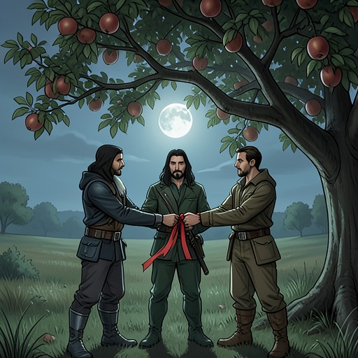 The Three Brothers' Oath from "The Romance of the Three Kingdoms". This flow follows the Peach Orchard Brotherhood as its vow of shared service holds the three men together through separation, reunion, and death.
