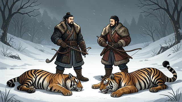 A Hunter's Encounter from "Demi-Gods and Semi-Devils". Help in the Snow A chance meeting Xiao Feng hunts beside WanYan AguDa and helps kill two tigers.