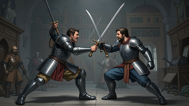The Orthodox Duel from "Demi-Gods and Semi-Devils". A Contest on Family Terms The sword and the canes Duan Zhengchun and Duan Yanqing fight with the Duan Family Sword tradition.