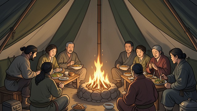 A Guest Among the Tribe from "Demi-Gods and Semi-Devils". Hospitality Across Identity A place at the fire The Jurchens celebrate Xiao Feng's strength and welcome him into their chief's tent.