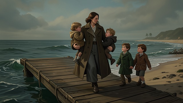 Walking Ashore Together from "The Emigrants". Walking Ashore Together The children reach land Karl Oskar Nilsson carries Harald, while Robert Nilsson watches Johan and Lill-Märta.