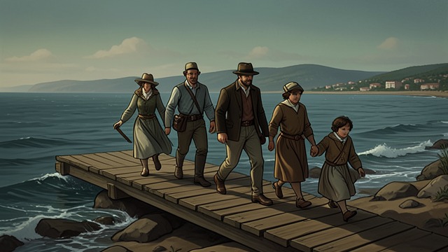 The First Steps Ashore from "The Emigrants". The First Steps Ashore A precarious landing Kristina Johansdotter walks ashore with support, and Harald insists on walking beside his father.