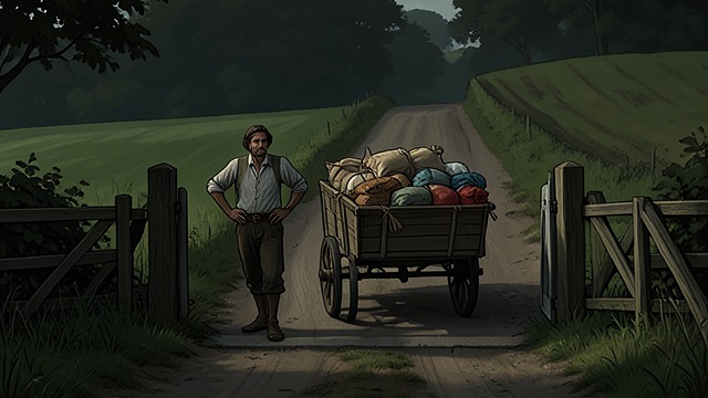 The Farm Gate from "The Emigrants". The Farm Gate A difficult passage The heavily loaded wagon barely passes through the narrow gate at Korpamoen.