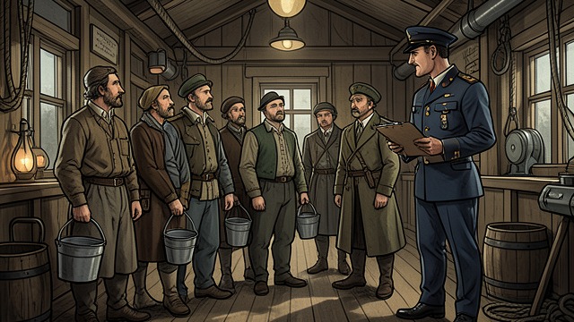 Passengers Under Rules from "The Emigrants". Passengers Under Rules Shipboard order The second mate explains weekly food rations, water limits, cleaning duties, and rules about fire and waste.