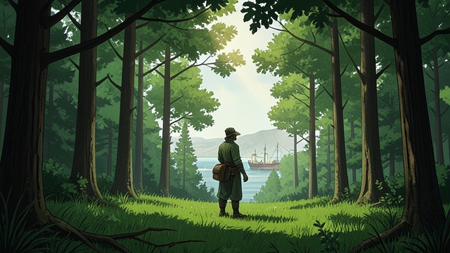 Green Ground at the Water’s Edge from "The Emigrants". Green Ground at the Water’s Edge Nature returned The passengers find trees, grass, and bushes behind the harbor structures.