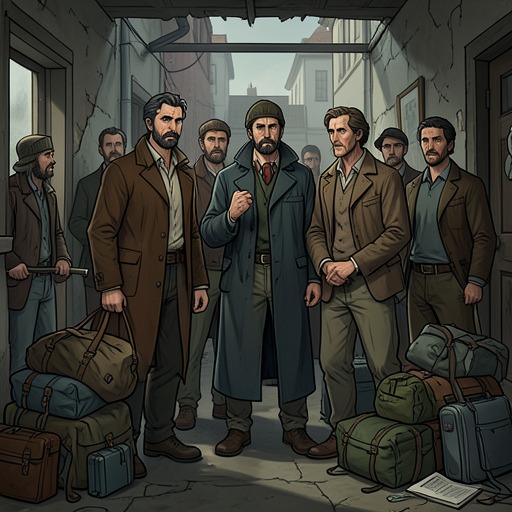 The Emigrant Company Takes Shape from "The Emigrants". This flow traces how a handful of people with different hardships gather around one departure and become a fragile traveling community.