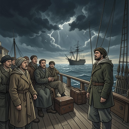 From Fear of the Sea to Land-Frenzy from "The Emigrants". This flow traces the emigrants’ changing relationship to the sea, from imagined threat through confinement and sickness to the relief of landfall.