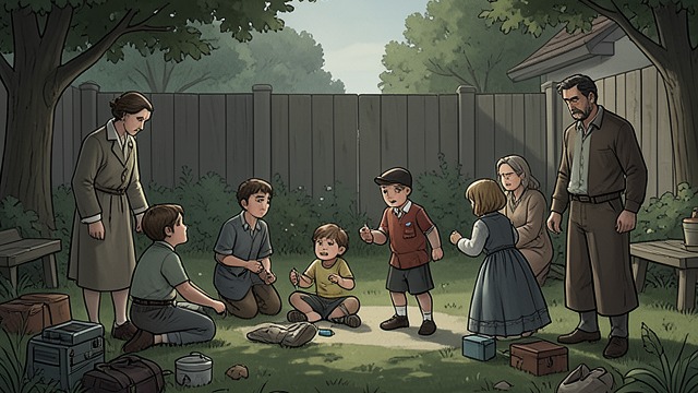 Children Return to Play from "The Outsider". Children Return to Play A shared yard The Anderson and Maitland children play together while adults discuss the investigation.