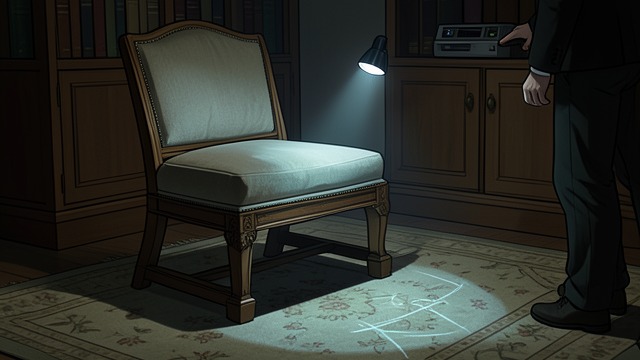 Residue Without Weight from "The Outsider". Residue Without Weight Traces remain Holly photographs faint residue on a chair and carpet with a makeshift UV light.