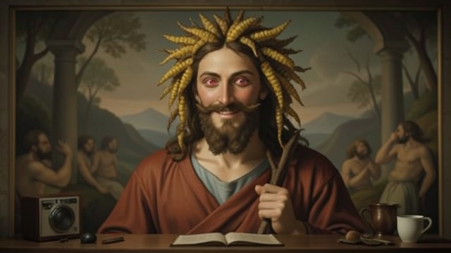 The Corn-Crowned Christ from "Children of the Corn". The Corn-Crowned Christ An unsettling sacred image The nave contains a huge portrait of Christ with a vulpine grin and corn forming his hair.