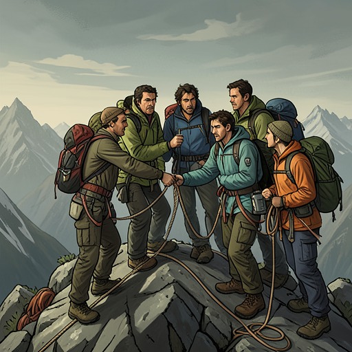 Rope Work and Responsibility from "The Climb". This flow traces the breakdown of expectations about who would fix the summit route and how that failure creates delays and risk.