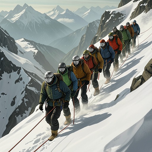 The Route’s Shared Risk from "The Climb". This flow traces how expeditions cooperate on a common mountain while their separate objectives and assumptions create shared hazards.