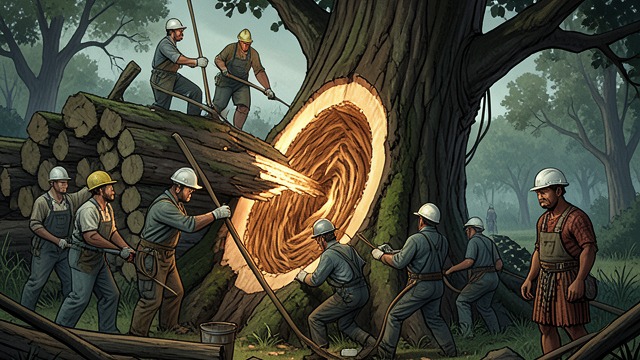 The Logging Camps from "Barkskins". The Logging Camps Labor at the Shore Jinot is confined by missionaries and then sent to a logging camp, where kauri is felled for export.