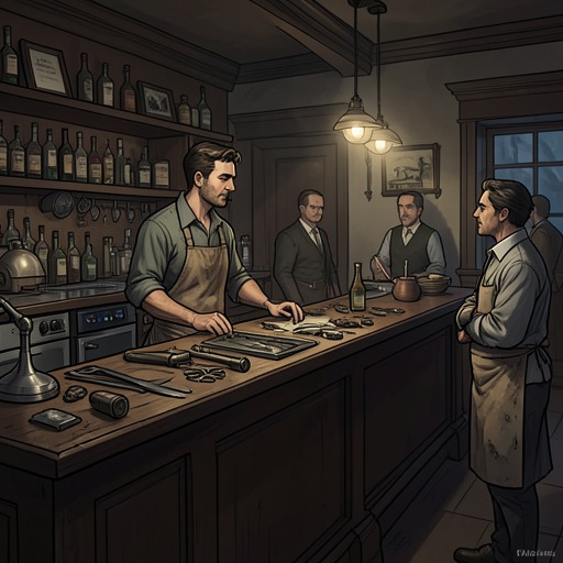 Ernest’s Bar and the Stalker Economy from "Roadside Picnic". This flow traces how Ernest’s Borscht bar turns dangerous salvage into a local economy and becomes a gathering place for Harmont’s competing loyalties.