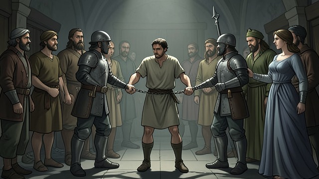 Peter Waits in Custody from "Acts of the Apostles". A Prisoner Awaits Judgment Heavy security Peter is chained between guards while the community prays for him.