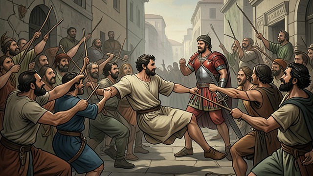 The Crowd Attacks from "Acts of the Apostles". A Mob Replaces a Hearing Paul is seized The crowd claims Paul has defiled the Temple and begins beating him. No formal investigation precedes the violence.