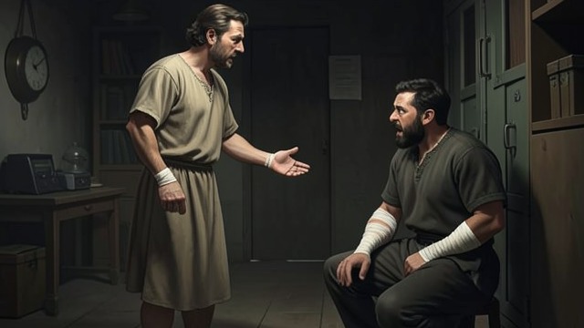 Paul Stops the Jailer from "Acts of the Apostles". Mercy Interrupts Panic A jailer expects punishment Seeing the open doors, the jailer assumes the prisoners have escaped and prepares to kill himself.