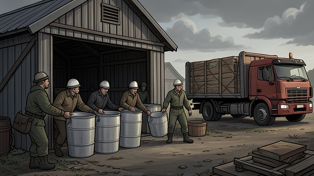 Drums at the Door from "Fever Dream". Drums at the Door Industrial delivery A truck brings many heavy plastic drums, and workers carry them into a shed.