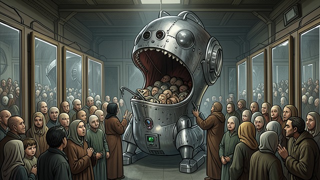 吞噬人类的机器,《法比安》中的场景。吞噬人类的机器 一场工业噩梦 法比安梦见一台巨大的机器,它吞噬孩子,制造出一群群人;他们凝视着无法触及的自我倒影。发明家的创造物既显得技术井然有序,又在道德上骇人听闻,把人变成原材料和标准化产品。