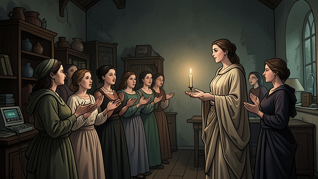 A Female Congregation from "The Blazing World". A Female Congregation A New Institution The Empress forms a congregation of women and teaches them the articles of her own religion.