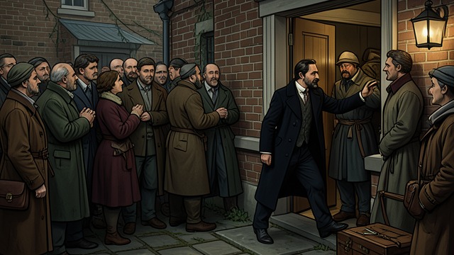 A Crowd at the Windows from "The Double". The Household Watches A Hidden Figure Seen From his hiding place in the yard, Golyadkin sees people crowding at the windows and calling toward him.