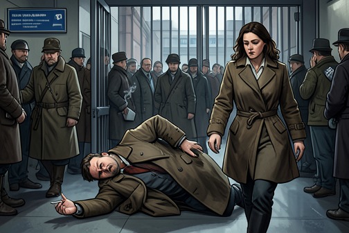 Fidelis collapses at the New York customs gate from "The Master Butchers Singing Club". Fidelis collapses at the New York customs gate while returning to the United States with Delphine, bringing his concealed heart failure into the open.