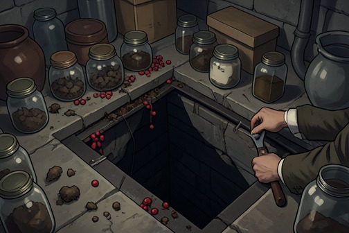 Watzka cellar tragedy from "The Master Butchers Singing Club". The Watzka cellar tragedy begins when Delphine and Cyprian break through a floor hatch sealed beneath shattered jars of canned peaches, dog waste, and red…