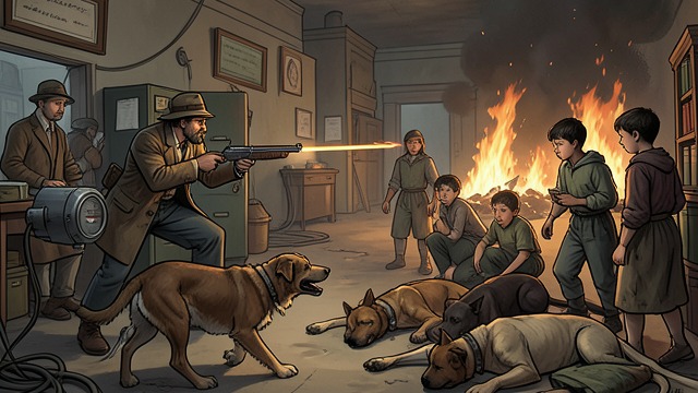 Fire Consumes the Pack from "The Master Butchers Singing Club". The Dogs Are Burned A precise killing Fidelis shoots the dogs as they approach and orders the boys to collect the bodies. He burns them until little remains.