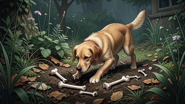 The Dog’s Bones from "The Master Butchers Singing Club". Scattered Remains Bones emerge from hiding Schatzie digs up bones buried by a former dog and scatters them through Eva’s overgrown garden.