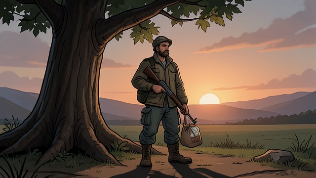 Fidelis Prepares the Hunt from "The Master Butchers Singing Club". Patience Replaces Impulse A deliberate arrangement Fidelis gathers spoiled meat, rifles, ammunition, and food, then waits beneath a tree.