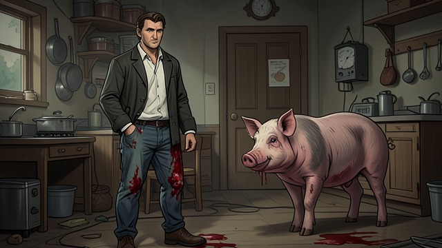 The Sow’s Attack from "The Master Butchers Singing Club". A Butchering Disaster The animal resists A prize sow charges Fidelis in the chute and badly damages his knee.