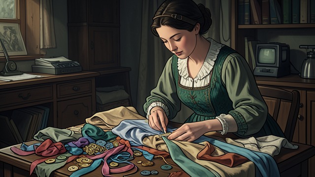 A Gift for Mazarine from "The Master Butchers Singing Club". Scraps Become a Dress Choosing materials carefully Step-and-a-Half selects fabric, buttons, and ribbons for a dress she plans to give Mazarine.