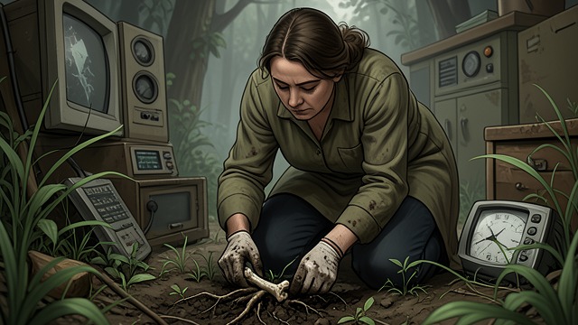 Roots and Bones from "The Master Butchers Singing Club". The Ground Keeps Feeding Life A discovery among weeds Delphine pulls a root and finds a bone mixed in the soil.