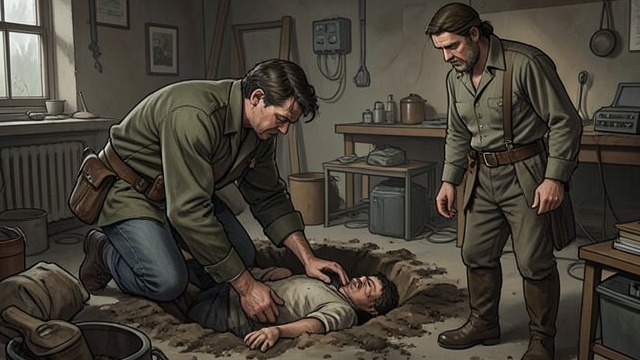 Cyprian Brings Him Out from "The Master Butchers Singing Club". A Delicate Rescue Careful excavation Cyprian returns alone through the unstable passage and removes dirt handful by handful, freeing Markus without collapsing…